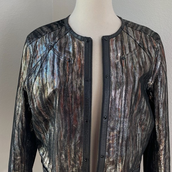 Chicos Reversible Leather Jacket Zip Up Black Multicolor Metallic - Picture 8 of 13